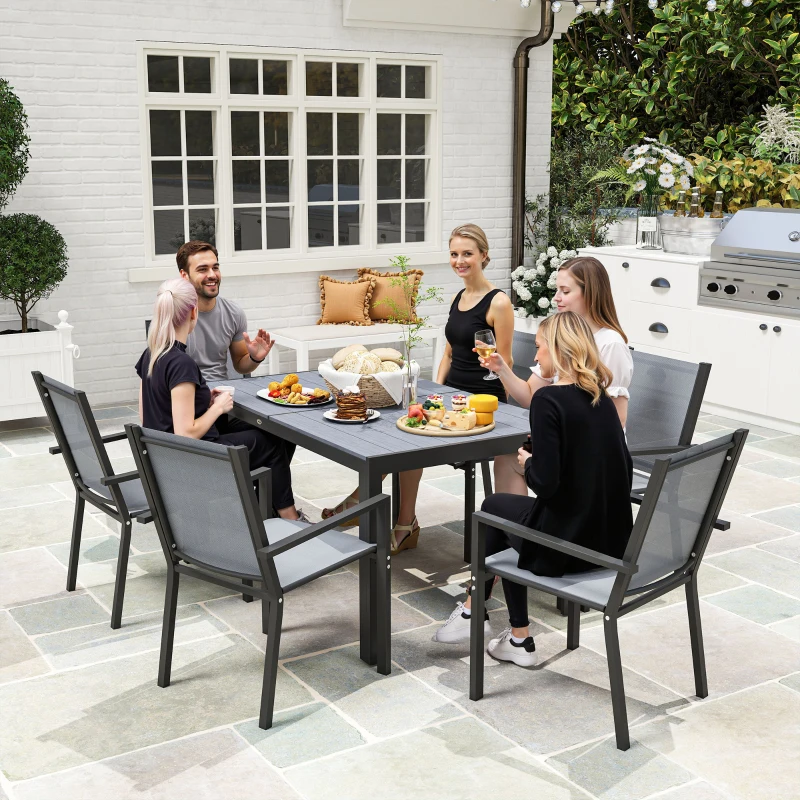 Outsunny Set da Giardino con 6 Sedie Impilabili e Tavolo da Pranzo Rettangolare, Grigio Chiaro