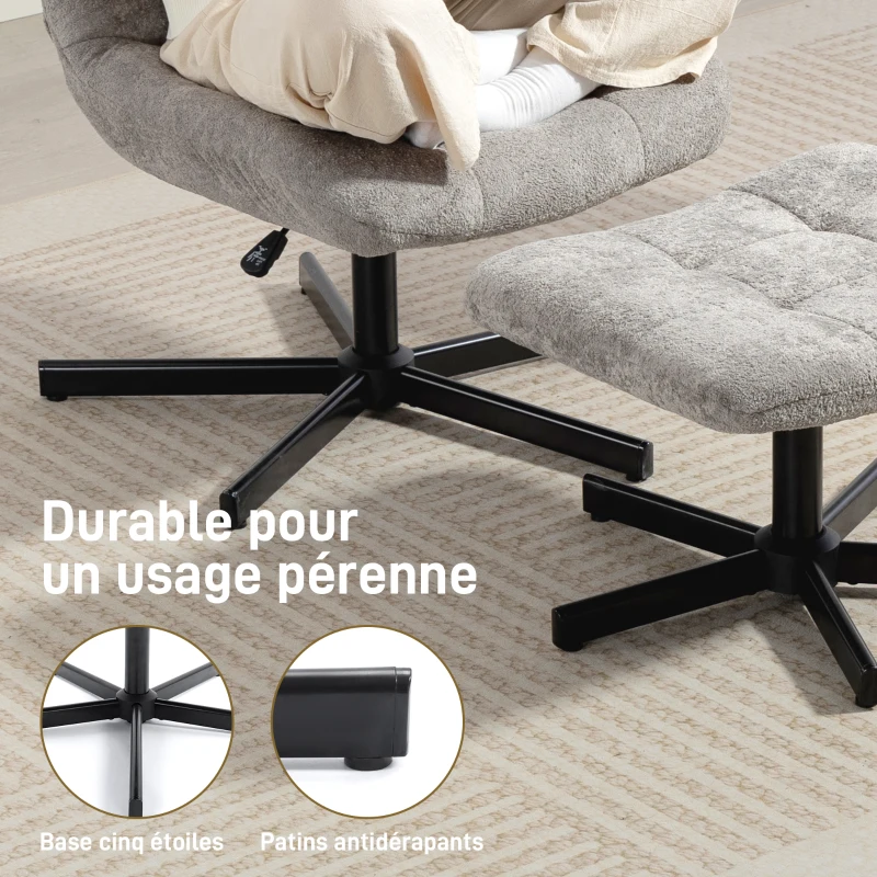 HOMCOM Fauteuil salon avec repose-pieds, chaise pivotante, hauteur réglable, dossier inclinable, 66 x 80 x 93-104 cm, gris