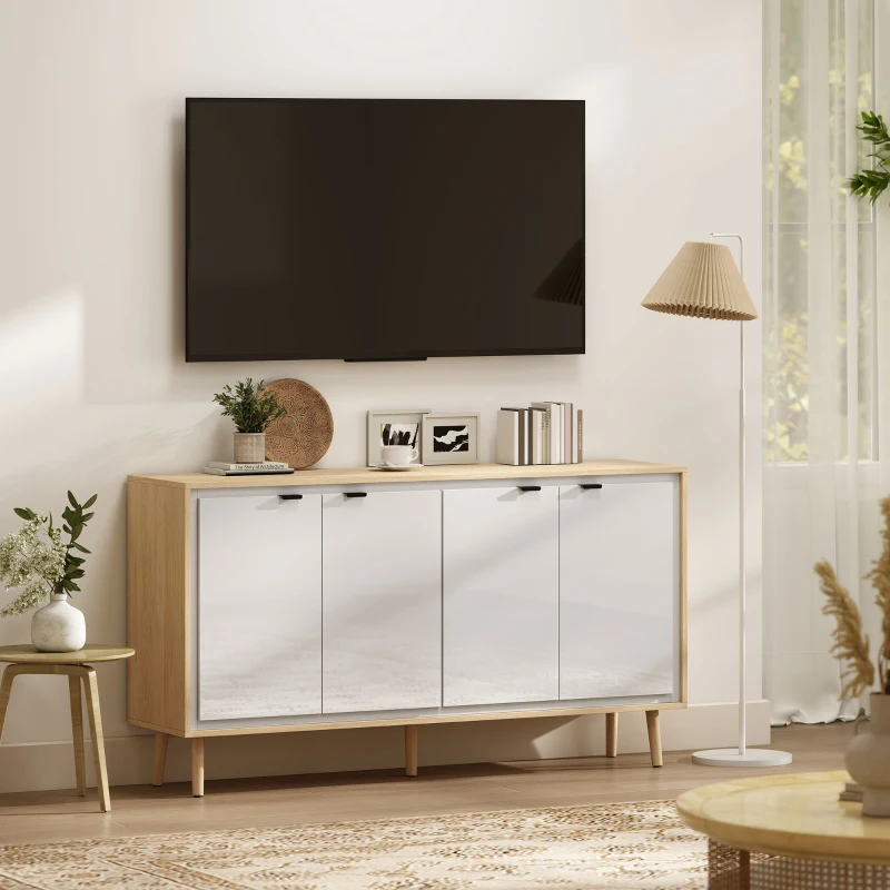 HOMCOM Aparador de Alto Brilho Móvel de Arrumação com 4 Portas Prateleiras Ajustáveis 141x35x77 cm Branco e Carvalho