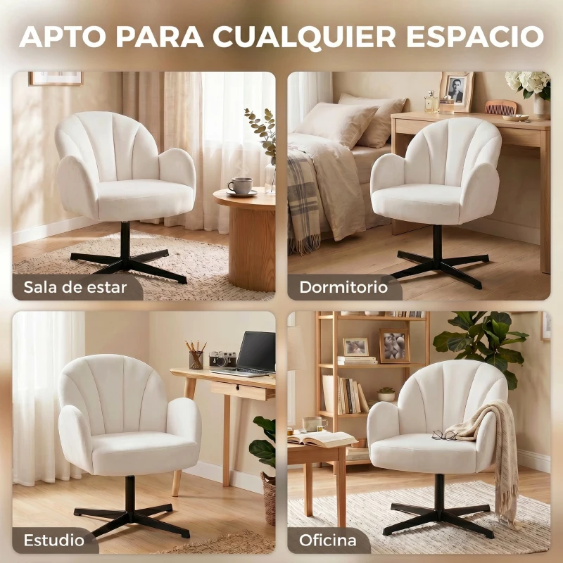HOMCOM Sillón de Salón Giratorio Butaca de Salón Tapizada Terciopelo con Respaldo en Forma de Concha Cojín con Resortes Crema