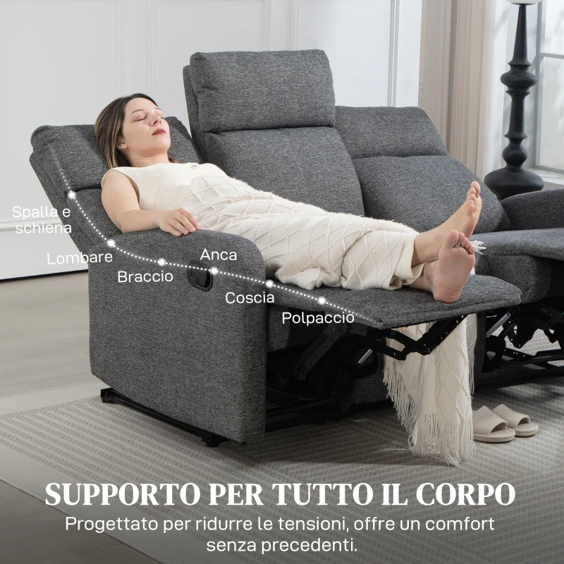 HOMCOM Divano 3 Posti Reclinabile in maniera Indipendente con Rivestimento in Ciniglia Grigia, 179x91x98 cm