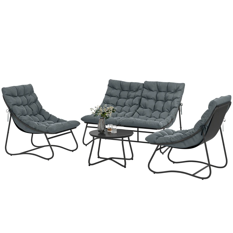 Outsunny 4-Sitzer Gartenmöbel-Set, 2 Stühle, 1 Doppel-Sofa, 1 Tisch, dicke Kissen, Stahlrahmen, für Terrasse, Grau