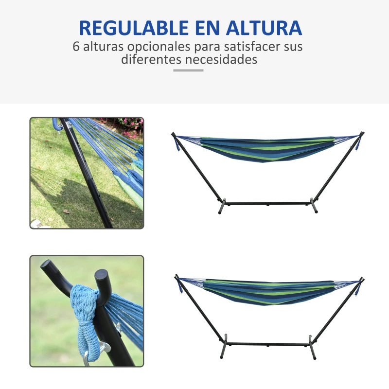 Outsunny Hamaca con Soporte 310x117 cm para Camping con Altura Ajustable y Bolsa de Transporte Carga 120 kg Rayas Verdes y Azules