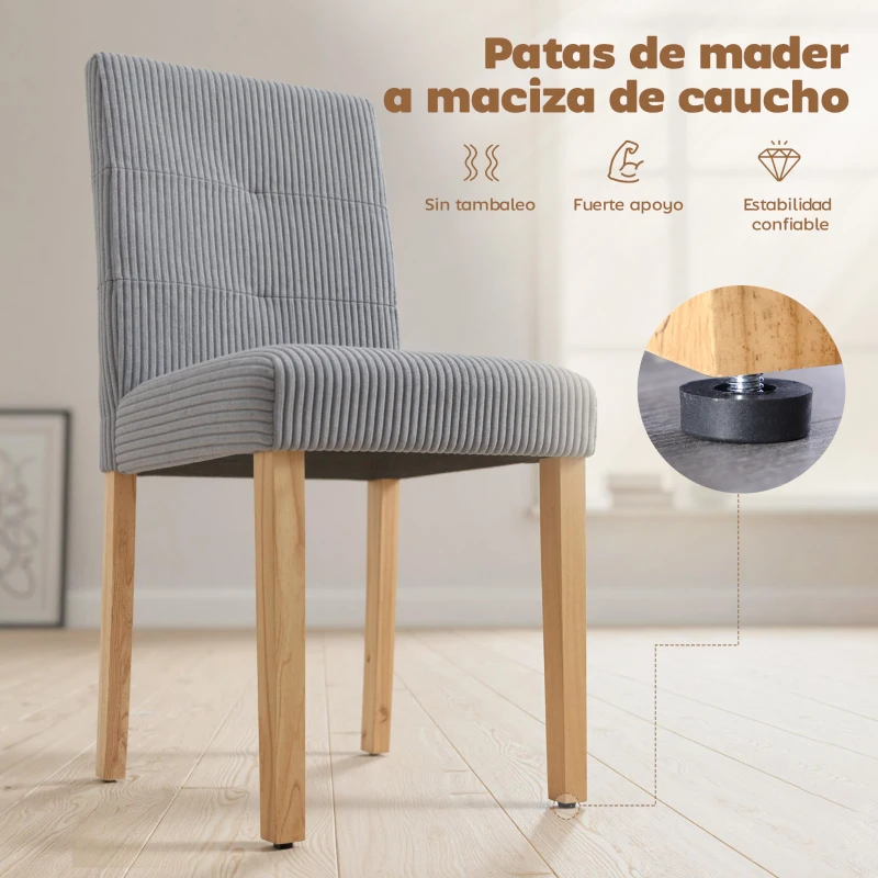 HOMCOM Pack de 4 Sillas de Comedor Respaldo Alto Tapizadas en Pana Asiento Acolchado Patas de Madera para Salón Gris