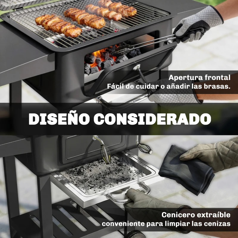 Outsunny Barbacoa de Carbón Portátil con Bandeja y Ventilación Ajustable Gran Parrilla Estantes Laterales Termómetro y Ruedas