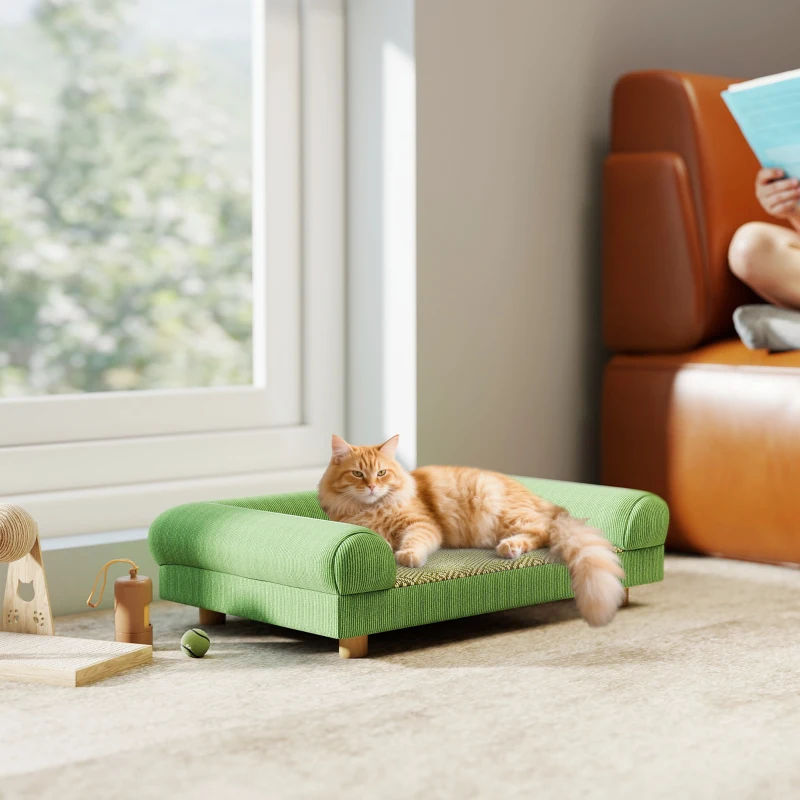 PawHut Sofá para Cão e Gato cama Elevada Assento Tipo Tapete Fresco Apoios de Braço em Veludo Macio 63x41x17 cm Verde