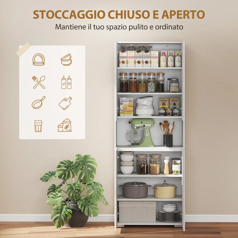 HOMCOM Credenza Cucina Alta 180cm, Mobile Dispensa con Ante Soft-Close, Ripiano Aperto, 2 Armadietti, Ripiani Regolabili, Mobile Cucina Moderno per Sala da Pranzo Soggiorno, Bianco Lucido