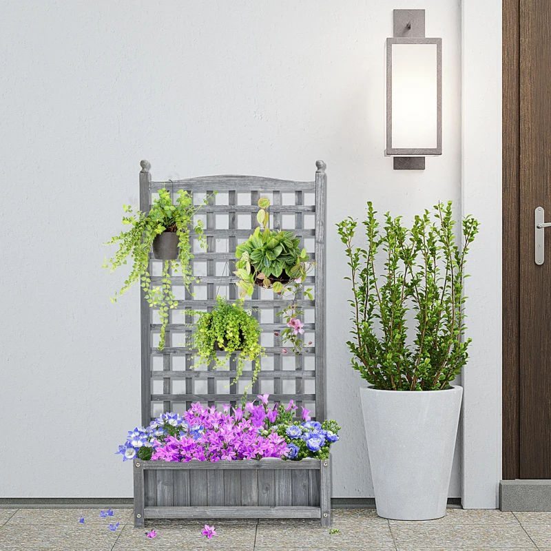 Outsunny Garden Planters with Trellis for Climbing Vines, Wood Raised Beds for Garden, Flower Pot, Indoor Outdoor, Grey