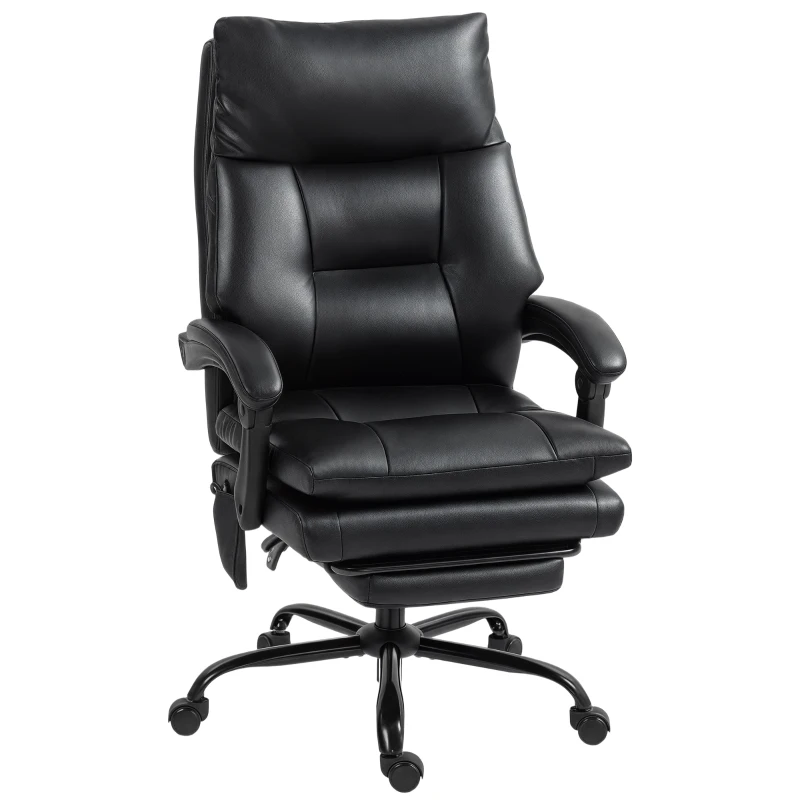 HOMCOM Silla de Escritorio con Soporte Lumbar Inflable Tapizada en PU Reposapiés Respaldo Reclinable Altura Ajustable Negro