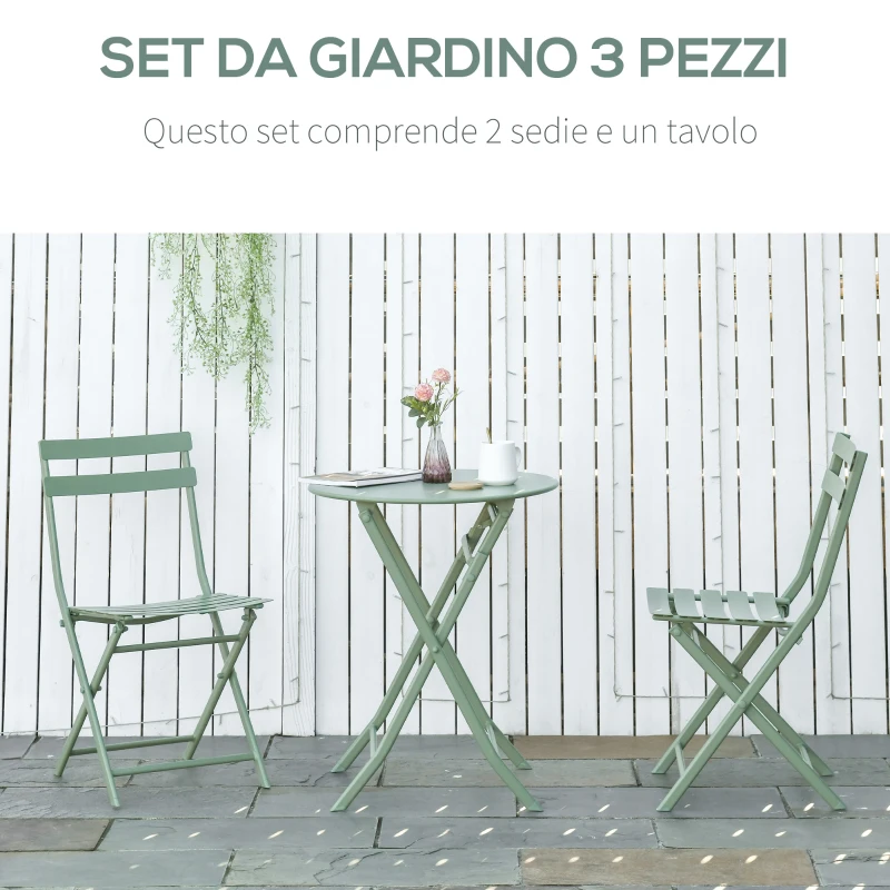 Outsunny Set da Giardino 3 Pezzi Pieghevoli in Acciaio, 2 Sedie 42x50x81 cm e Tavolino Ø60x71 cm, Verde