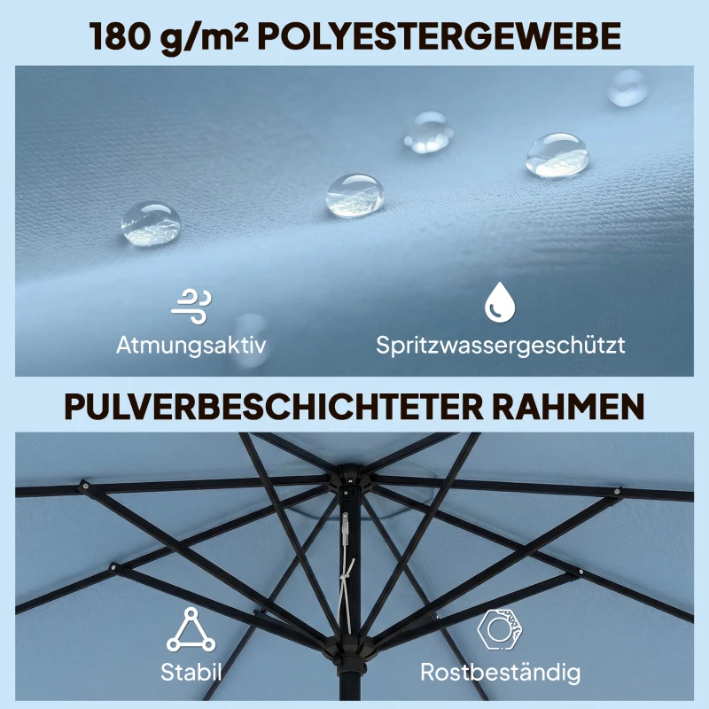 Outsunny Sonnenschirm rund Balkonschirm Strandschirm mit 3-facher Neigung Kurbel 8 Streben Ø265 x 235H cm Himmelblau