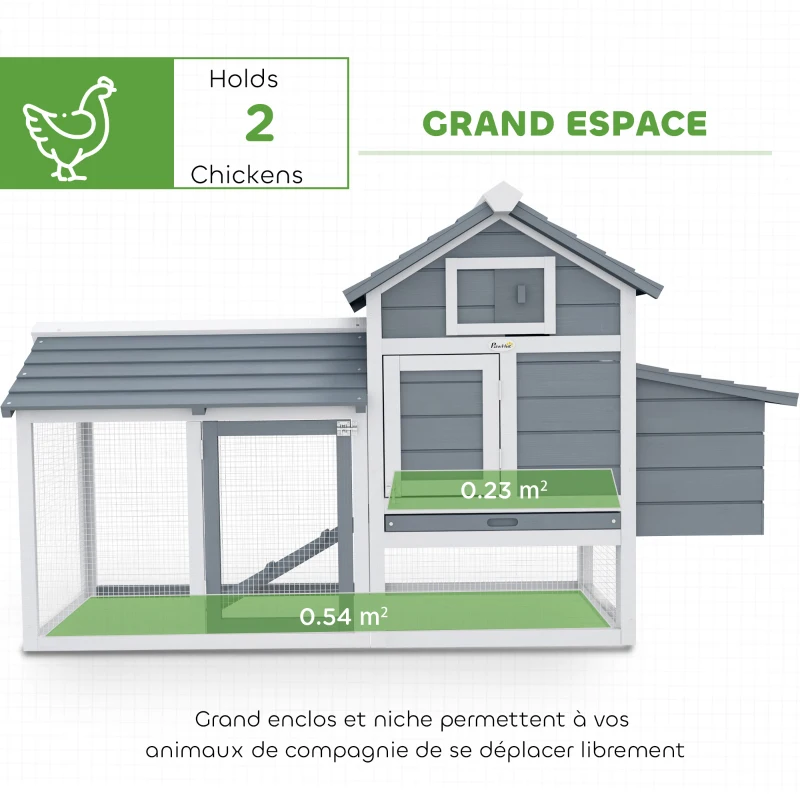 PawHut Petit poulailler cottage cage à poules sur pied dim. 150,5L x 54l x 87H cm multi-équipement bois massif de sapin