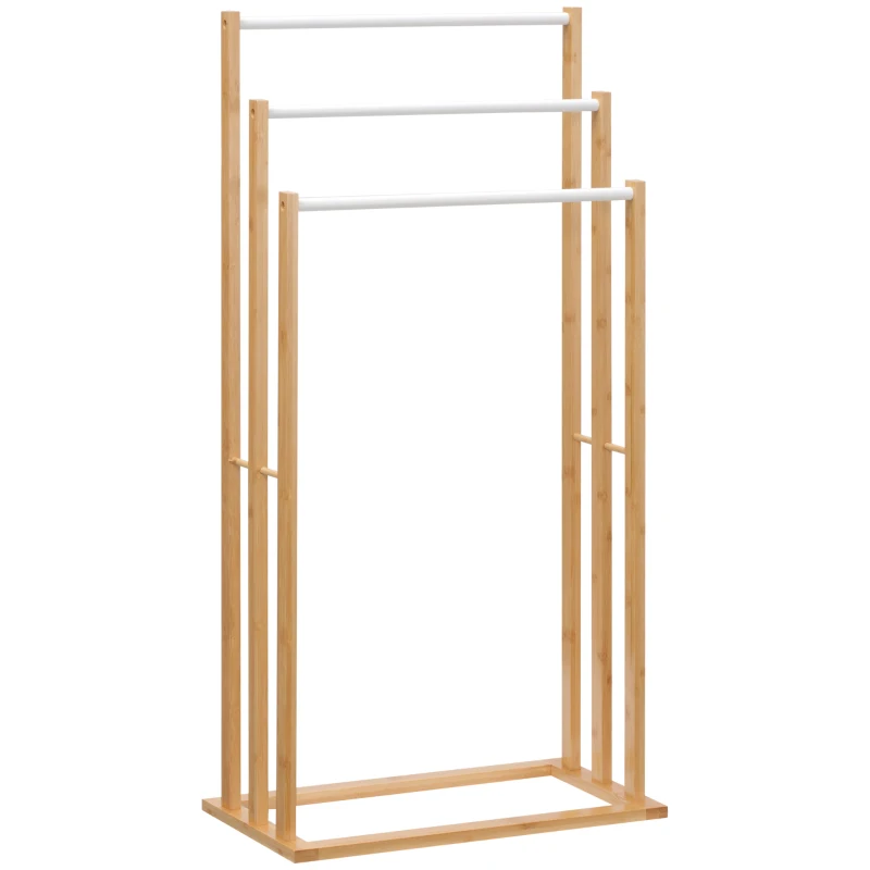 HOMCOM Handtuschständer aus Bambus. 3-teiliges Design, 3 Handtuchstangen 48 cm x 25,8 cm x 94 cm, Natur + Weiß