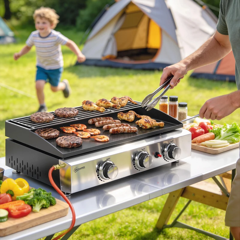 Outsunny 3 Burner Grill Griddle, Portable Gas Plancha with Warming Rack, 7.5 kW, Tabletop Gas BBQ with Grease Cup, Black