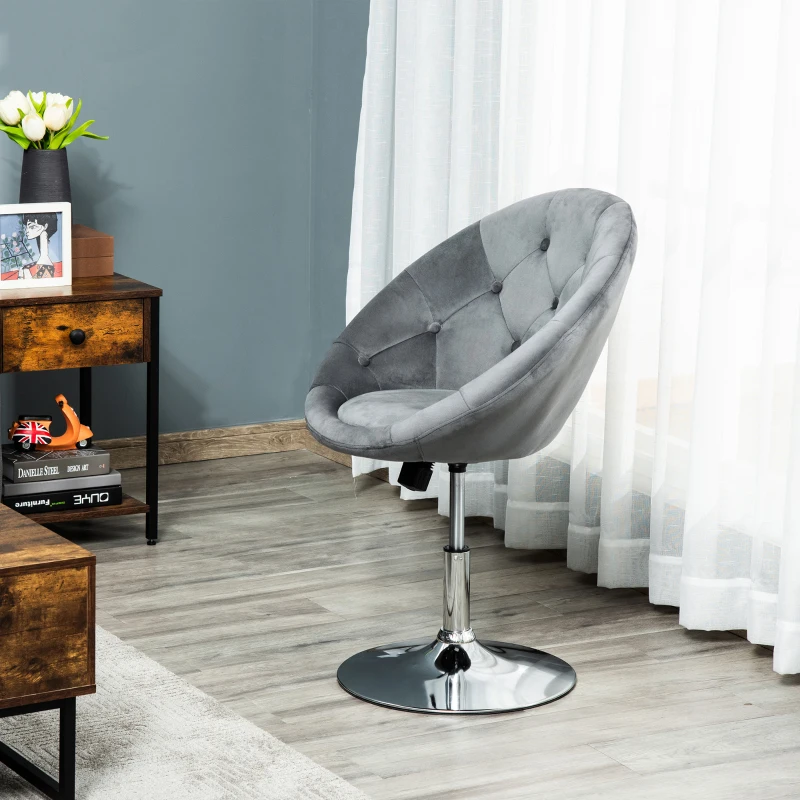 HOMCOM Swivel Dressing Stool, Velvet-feel Upholstered Vanity Chair, Adjustable Height Tub Makeup Chair with Button Tufting and Thick Padding for Bedroom, Grey