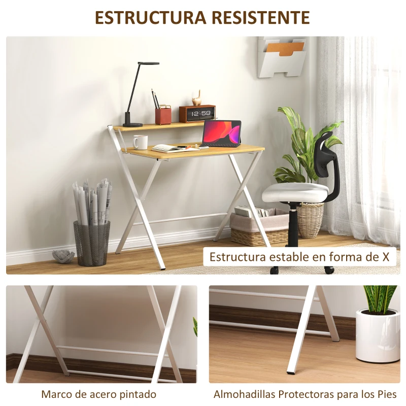 HOMCOM Escritorio Plegable con Estante Abierto Escritorio Pequeño para Estudio Hogar Oficina 86x66x82 cm Natural