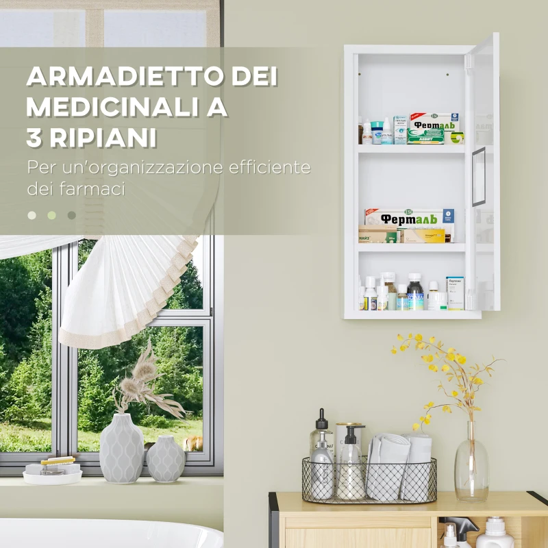 kleankin Armadietto Medicinali a 3 Ripiani con Porta Magnetica, in Acciaio, 30x12x60 cm, Bianco
