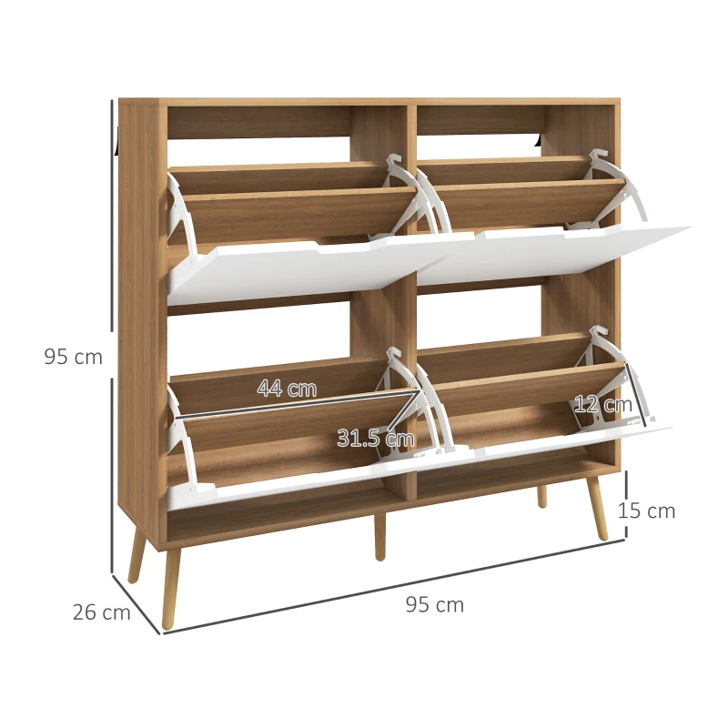 HOMCOM Mobile Scarpiera in Truciolato e Pino con 4 Cassetti e 2 Ripiani Regolabili per ogni Cassetto, 95x26x95 cm