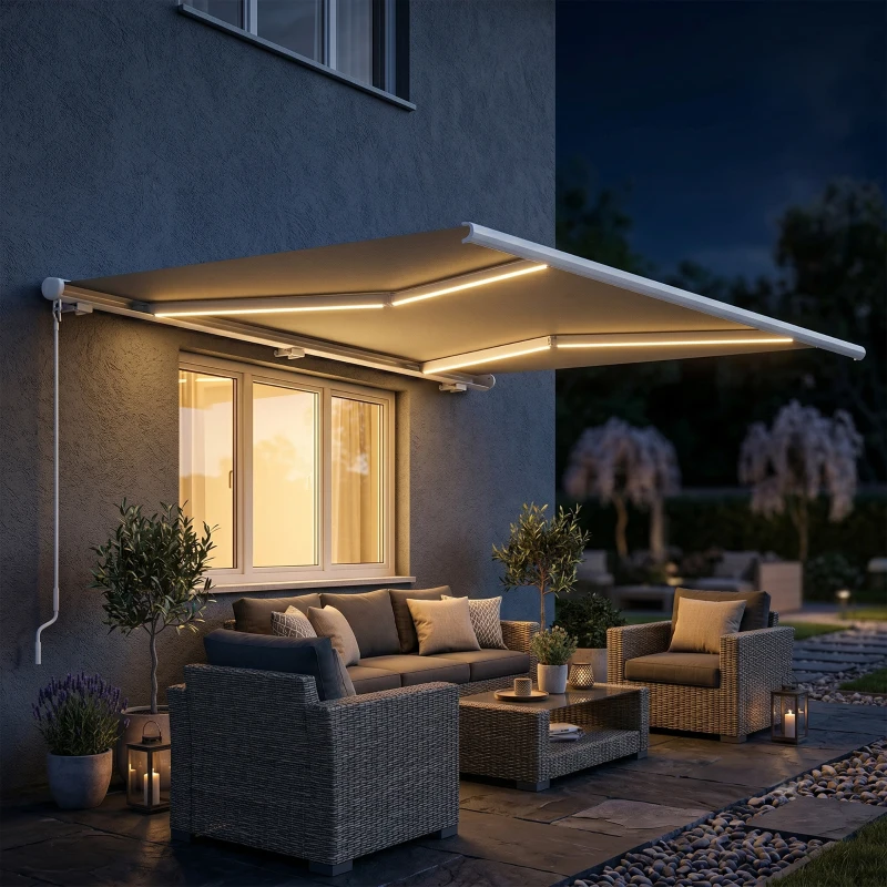 Outsunny 4x3m Full Cassette Electric/Manual Retractable Awning with LED Light and Remote Controller, Sun Canopies for Patio Door Window, Grey