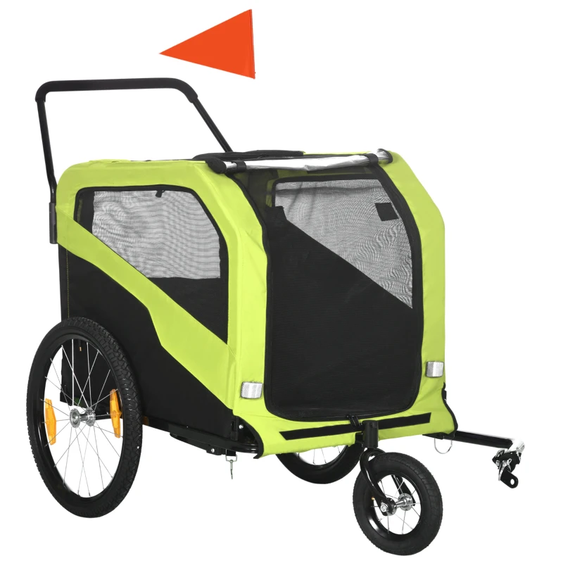 PawHut Reboque 2 em 1 para cães, função de carrinho, 2 entradas, janelas de rede, proteção solar, estrutura de aço, verde, 170 x 77 x 90 cm