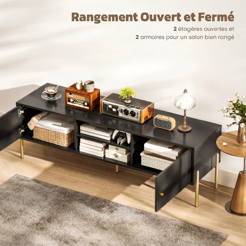 HOMCOM Meuble TV pour Télévision jusqu'à 65", Portes Cannelées, Compartiments Ouverts, Pieds Acier, 140 x 38 x 45,9 cm, Noir