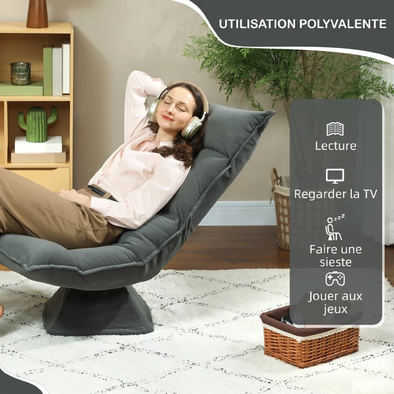 HOMCOM Chaise de sol pivotante à 360°, fauteuil pliable en velours avec dossier réglable 5 positions, 70x62x95cm, gris foncé