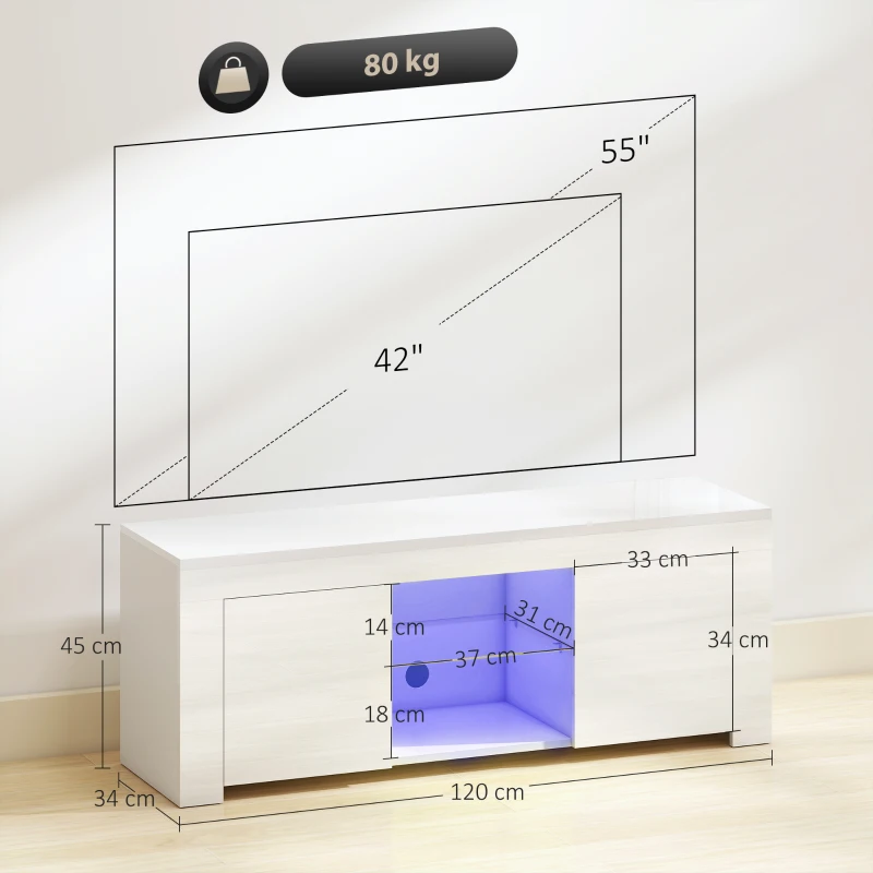 HOMCOM Móvel de TV com iluminação LED, 2 portas, prateleira de vidro, orifícios para cabos, para sala, painel de partículas, Branco