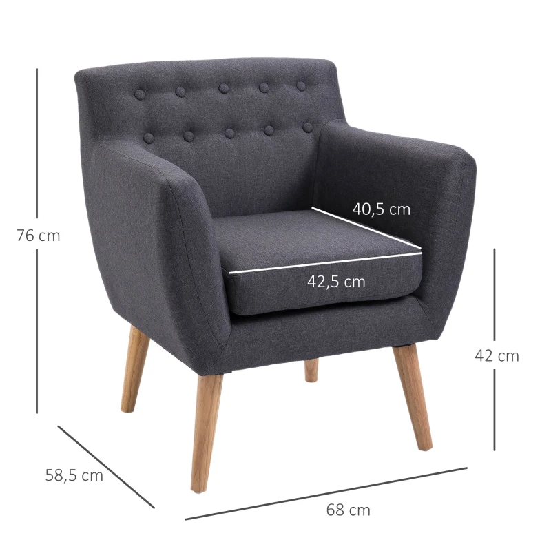 HOMCOM Butaca para Dormitorio con Reposabrazos y Patas de Madera Sofá Individual Carga 125 kg para Oficina Gris Oscuro