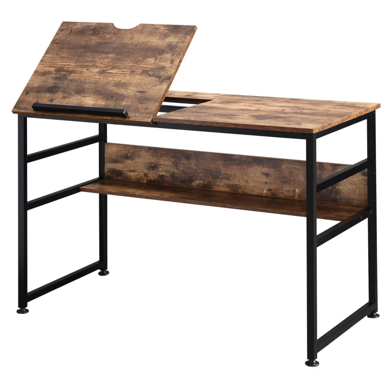 HOMCOM Table à dessin inclinable bureau informatique design industriel - plateau relevable, étagère - panneaux particules aspect vieux bois métal noir