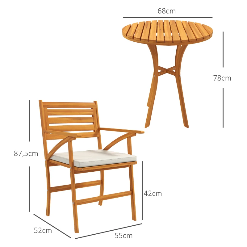 Outsunny Set da Giardino 3 Pezzi in Legno di Pino con Tavolo Rotondo Ø68x78 cm e 2 Sedie 55x52x87.5 cm con Cuscini