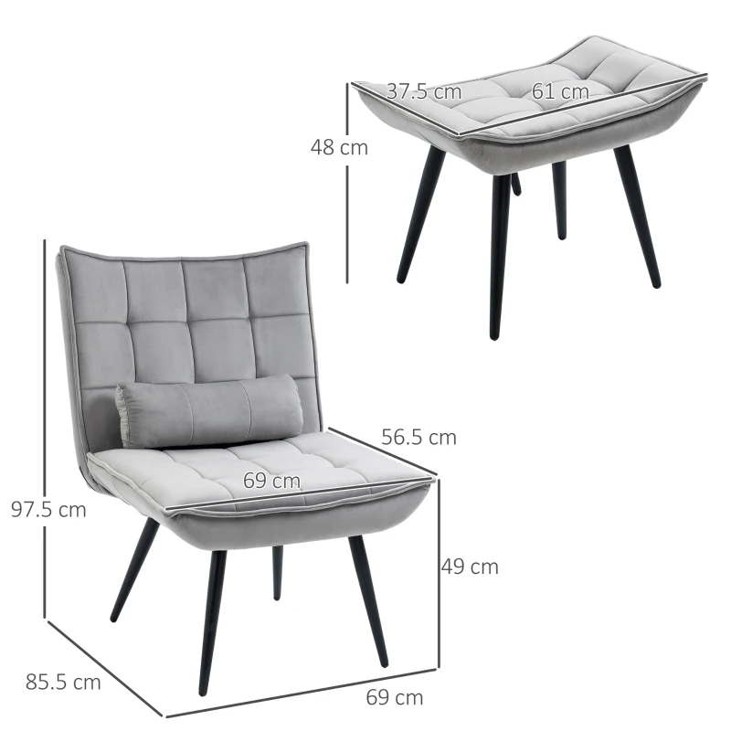 HOMCOM Accent Chair with Footstool Set, Tufted Upholstered Armless Lounge Chair with Pillow and Steel Legs for Living Room, Bedroom, Grey