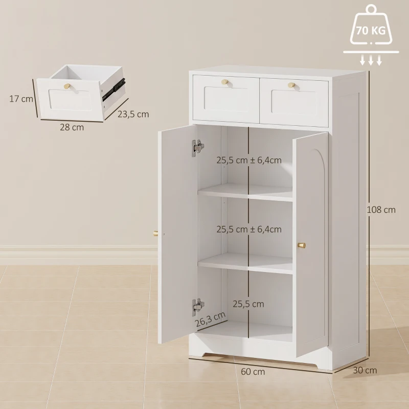 HOMCOM Mueble de Baño Estrecho con 2 Cajones y Estante Ajustable 60x30x108 cm Blanco