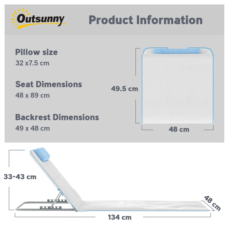 Outsunny Set of 2 Foldable Garden Beach Chair Mat, Lightweight Outdoor Sun Lounger Seats with Adjustable Back, Metal Frame, PE Fabric Head Pillow and Carry Bag, Cream White