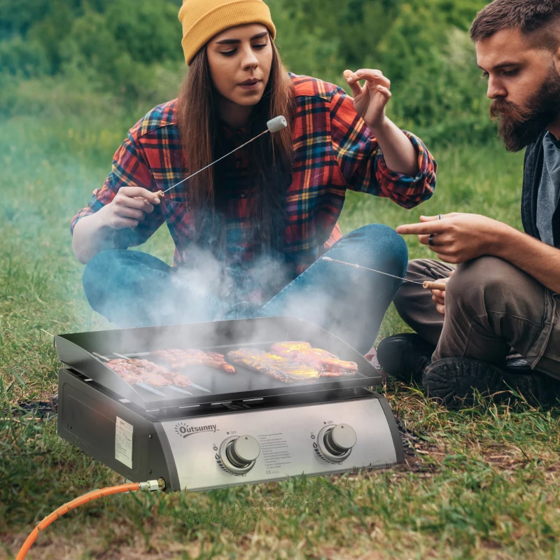 Outsunny Plancha de Gas Sobremesa con 2 Quemadores de Acero Inoxidable 6 kW con Plancha para Jardín Camping 48,5x48x21 cm Plata