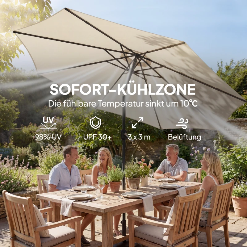 Outsunny Sonnenschirm ca. Ø300 cm neigbar Balkonschirm mit Kurbel Kreuzfuß Sandsack, UV 30+ Einziehbar Cremeweiß