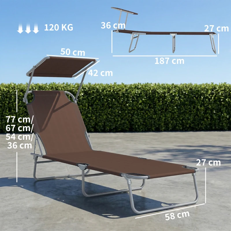 Outsunny Folding Sun Lounger with Canopy, Reclining Sunbed with 4-Position Adjustable Backrest, 600D Oxford Cloth, Portable Garden Lounger Recliner Chair for Beach, Camping, Patio, Brown