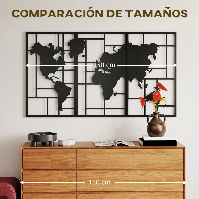 HOMCOM Decoración de Metal para Pared de Mapa Mundial de 3 Piezas para Salón Dormitorio Pasillo Negro