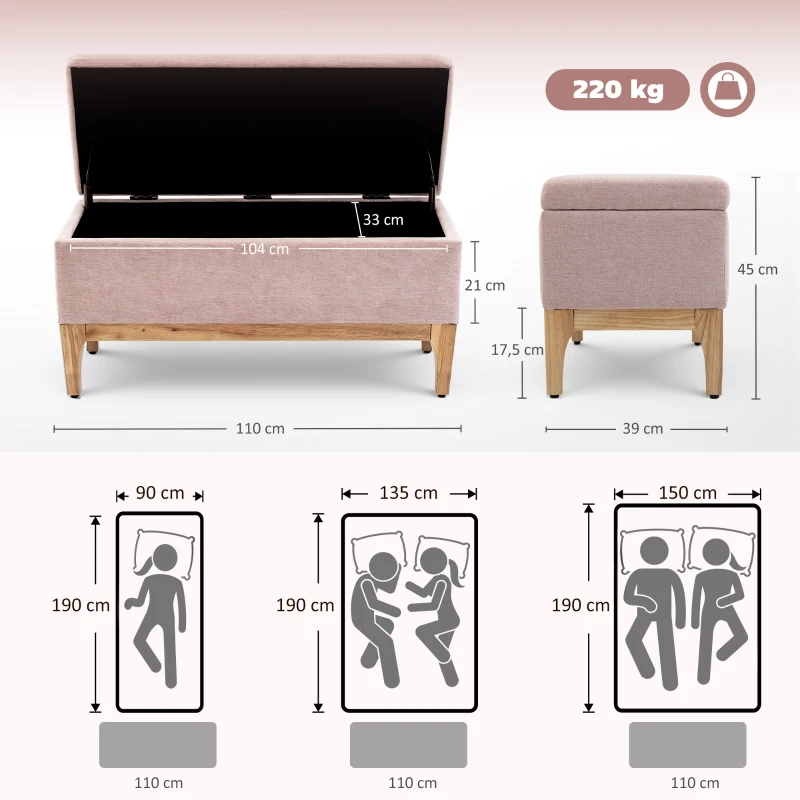 HOMCOM Banc de rangement, coffre de rangement avec couvercle amovible style scandinave, en tissu lin, 110 x 39 x 45 cm, rose