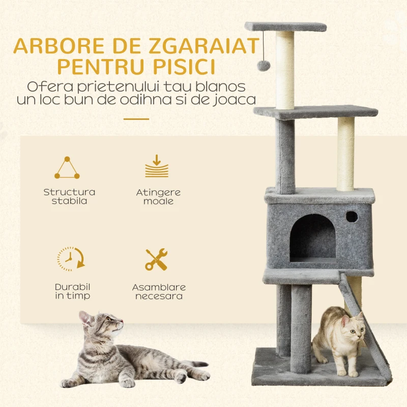 PawHut Albero Tiragraffi Multilivello con Casetta, Scala, Pallina e Pali in Sisal, 48x48x125 cm, Grigio