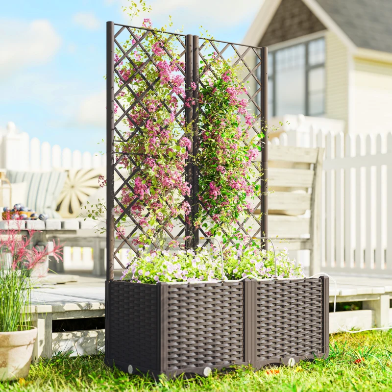 Outsunny 2er Set Spalier mit Pflanzkasten Blumenkasten mit Drainageloch Timer Bewässerungssystem 80 x 40 x 136 cm Braun