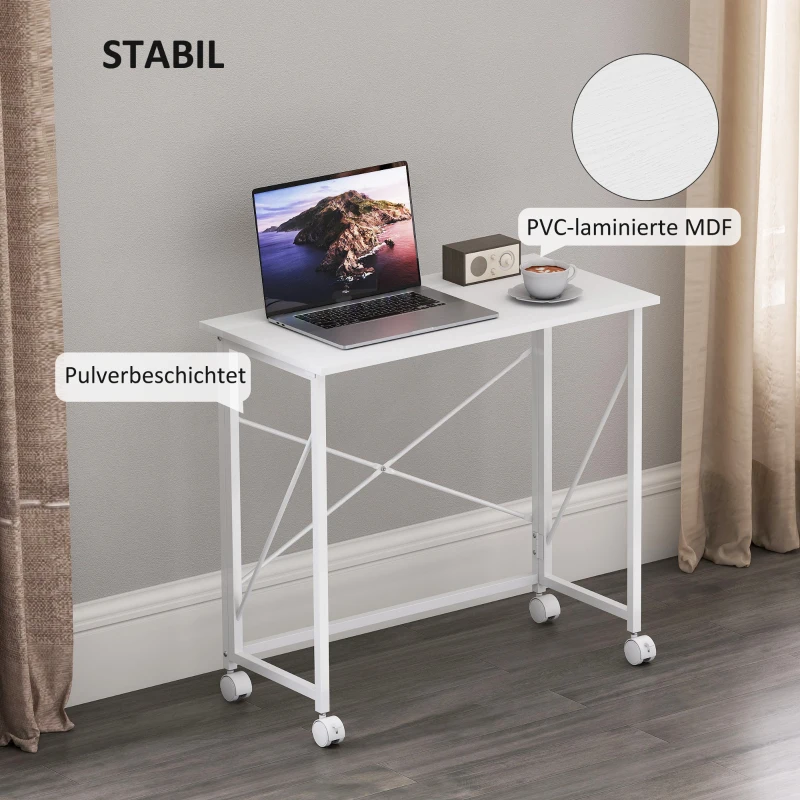 HOMCOM Schreibtisch mit Rollen Faltbarer Bürotisch mit Stahlgestell für Arbeitszimmer Schlafzimmer 80 x 40 x 75 cm Weiß