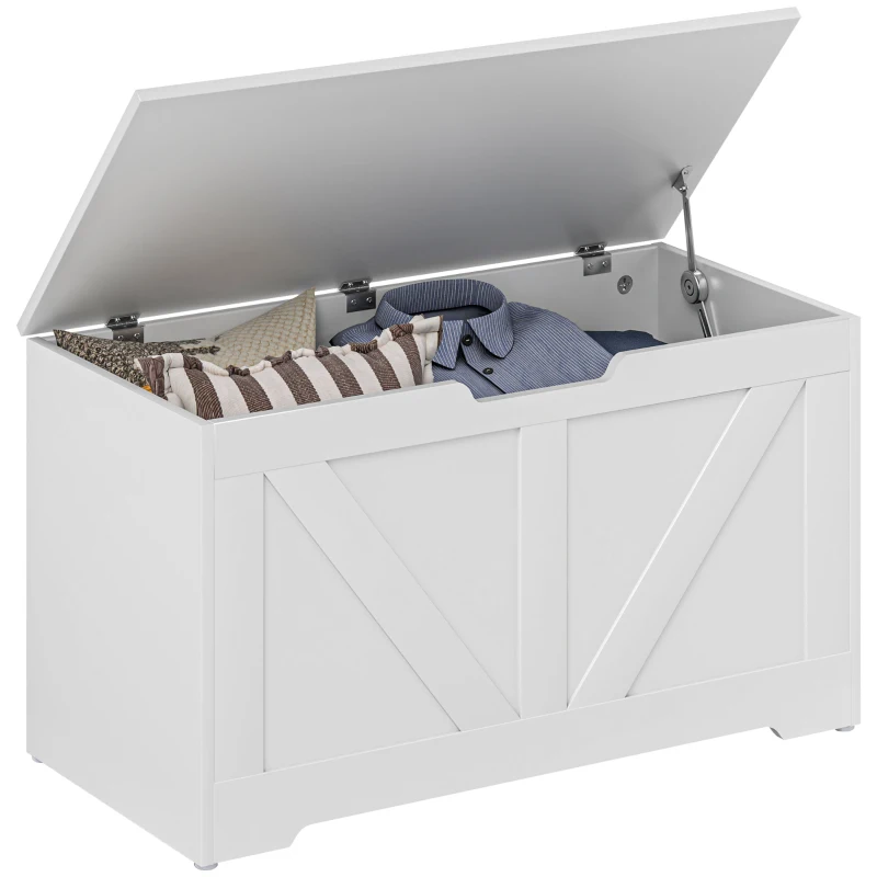 HOMCOM Coffre de rangement, banc de rangement avec couvercle rabattable et charnières de sécurité, 80 x 40 x 45 cm, blanc