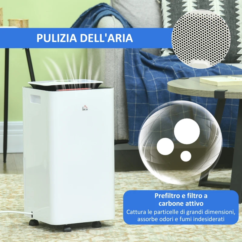 HOMCOM Deumidificatore Portatile da 10L con 5 Modalità, 2 Velocità, Timer 24h e Ruote, 25x25x50.5cm, Bianco