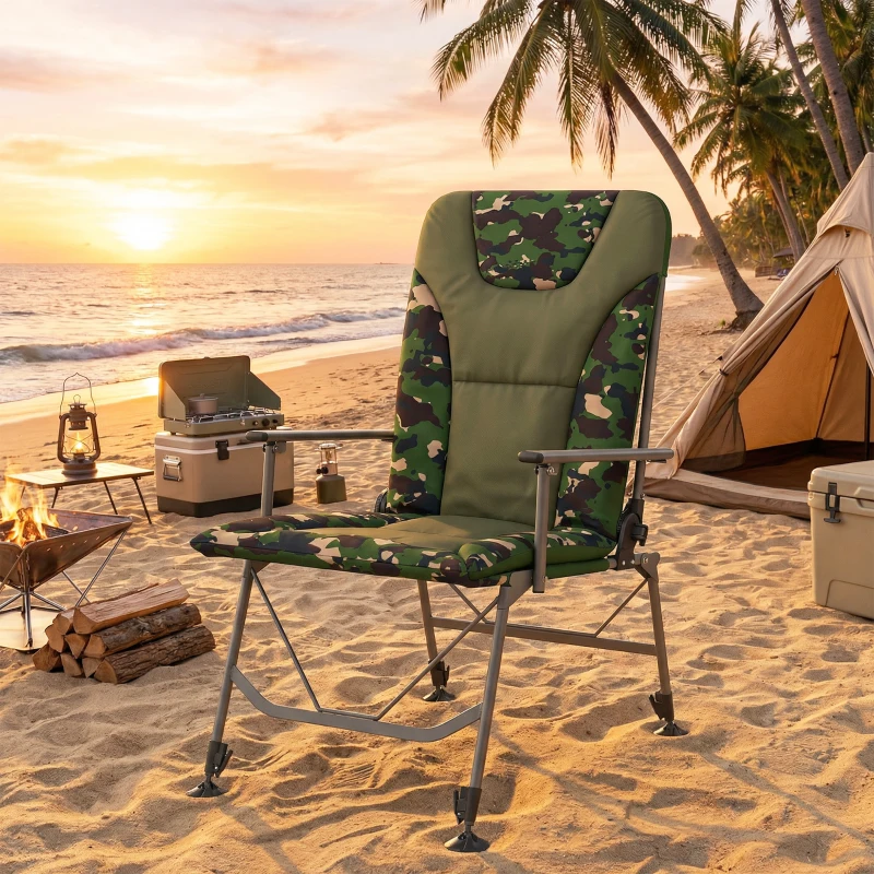 Outsunny Camping Chair Padded Reclining Folding Chair with Wide Armrests for Adults Camouflage