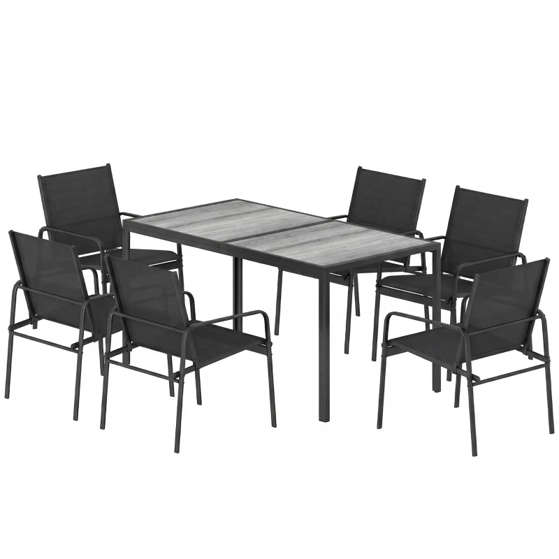 Outsunny Set Masă și Scaune de Grădină 7 piese cu 6 Scaune Respirabile din Textilenă și Măsuță de Cafea cu Aspect Lemn, Negru
