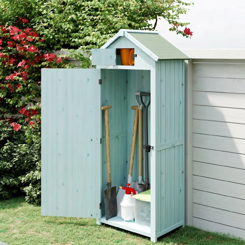 Outsunny Armario de Jardín de Madera Armario de Almacenamiento Cobertizo de Jardín con Estantes 77x54,2x179 cm Azul y Verde