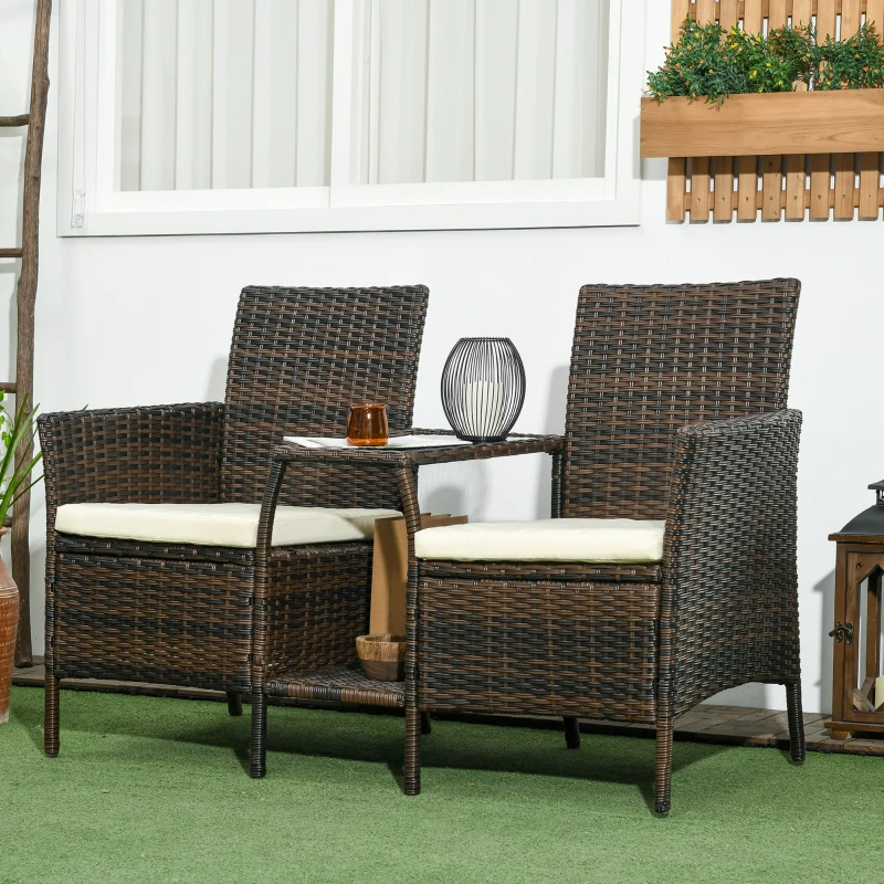Outsunny Set da Giardino in Rattan con 2 Sedie Moderne e Tavolino da Caffè, 138x60x87 cm, Marrone