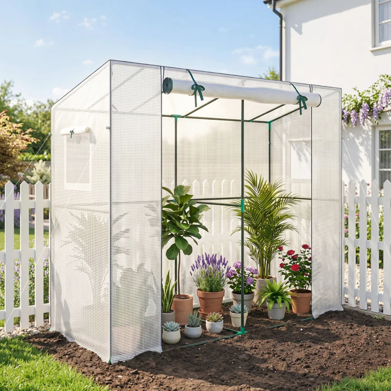 Outsunny Mini-estufa Estufa Encostada com Porta Enrolável e Janelas de Tela Resistente aos UV para Flores Mudas Plantas Branco