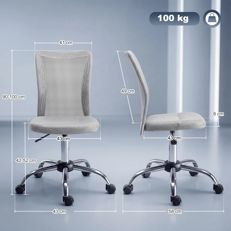 Vinsetto Sedia da Ufficio Ergonomica Senza Braccioli in Tessuto a Rete, Altezza Regolabile e 5 Ruote, Grigio