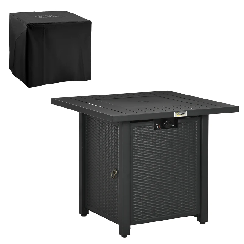 Outsunny Rattan-style Propane Gas Fire Pit Table with 40,000 BTU Burner, Square Smokeless Firepit Patio Heater with Thermocouple, Lava Rocks, Waterproof Cover, Spark Guard and Lid, Black